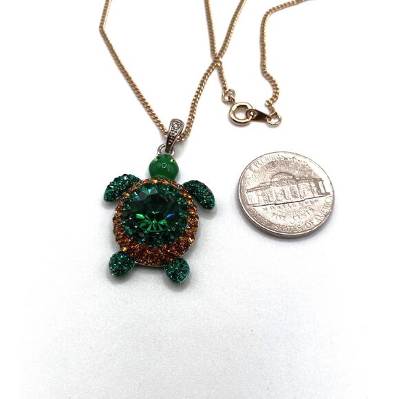 Green Turtle Pendant Necklace Ceramic & Rhinestone on Stainless Steel Chain - Picture 3 of 3
